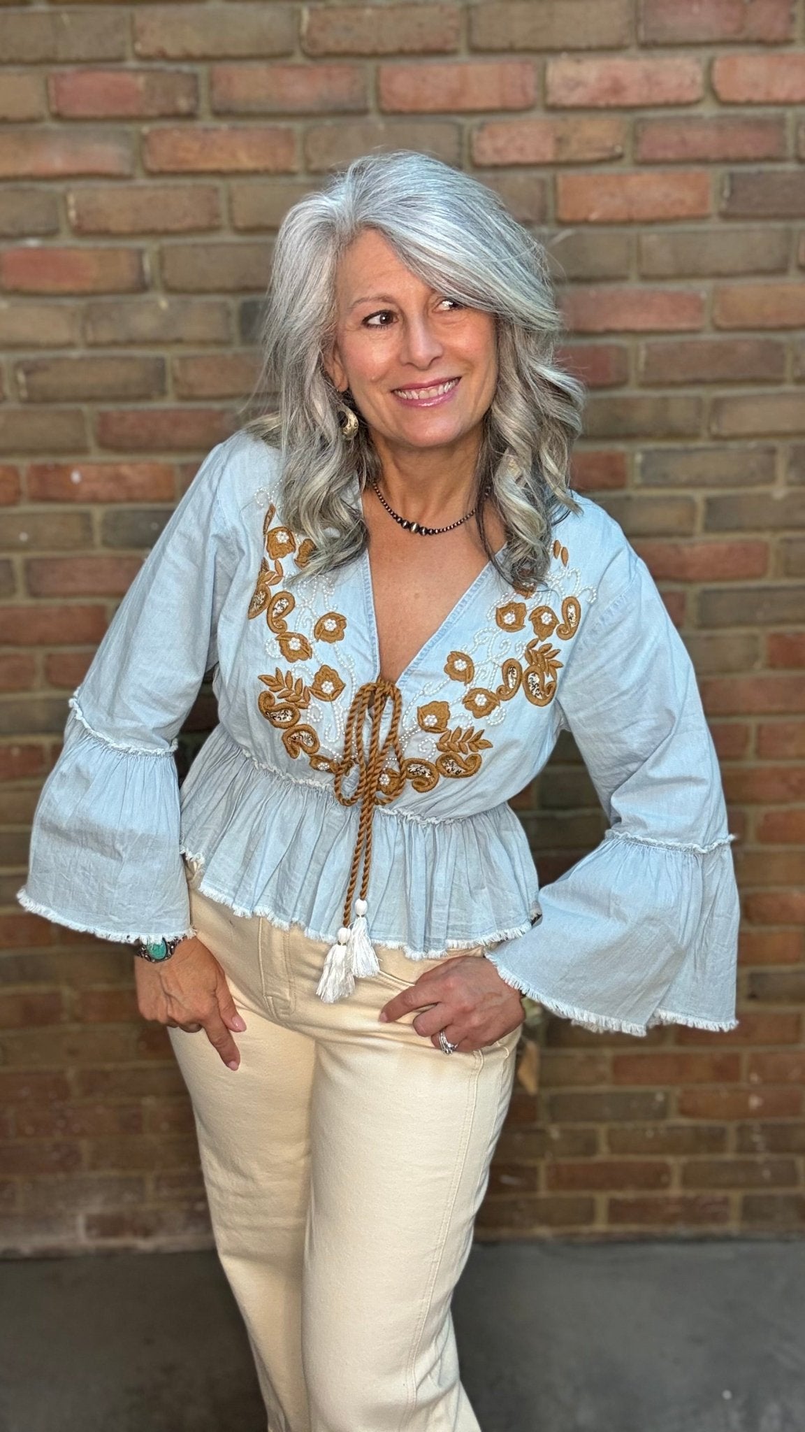 Denim Gold Embroidery Beaded Crop Top - Vintage Vault Boutique