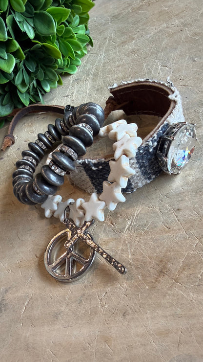 Denim Peace Stars and Cross Bracelet Stack