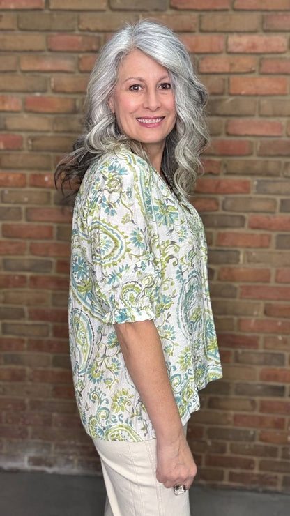 Paisley Print V - Neck Smocking Top - Vintage Vault Boutique