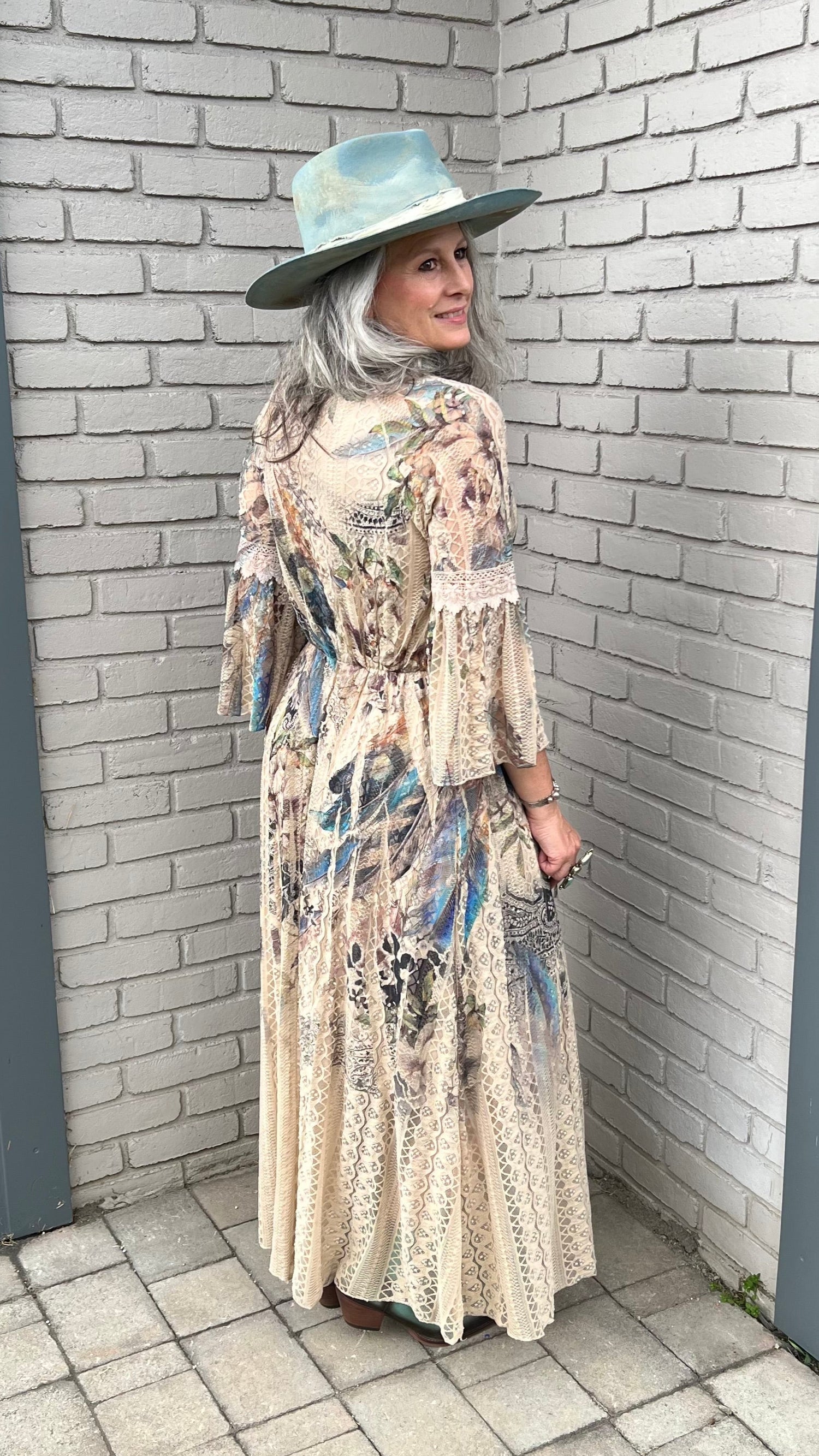 All Lace Dress with Feather Print