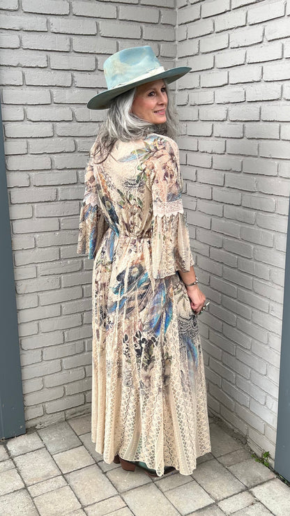 All Lace Dress with Feather Print