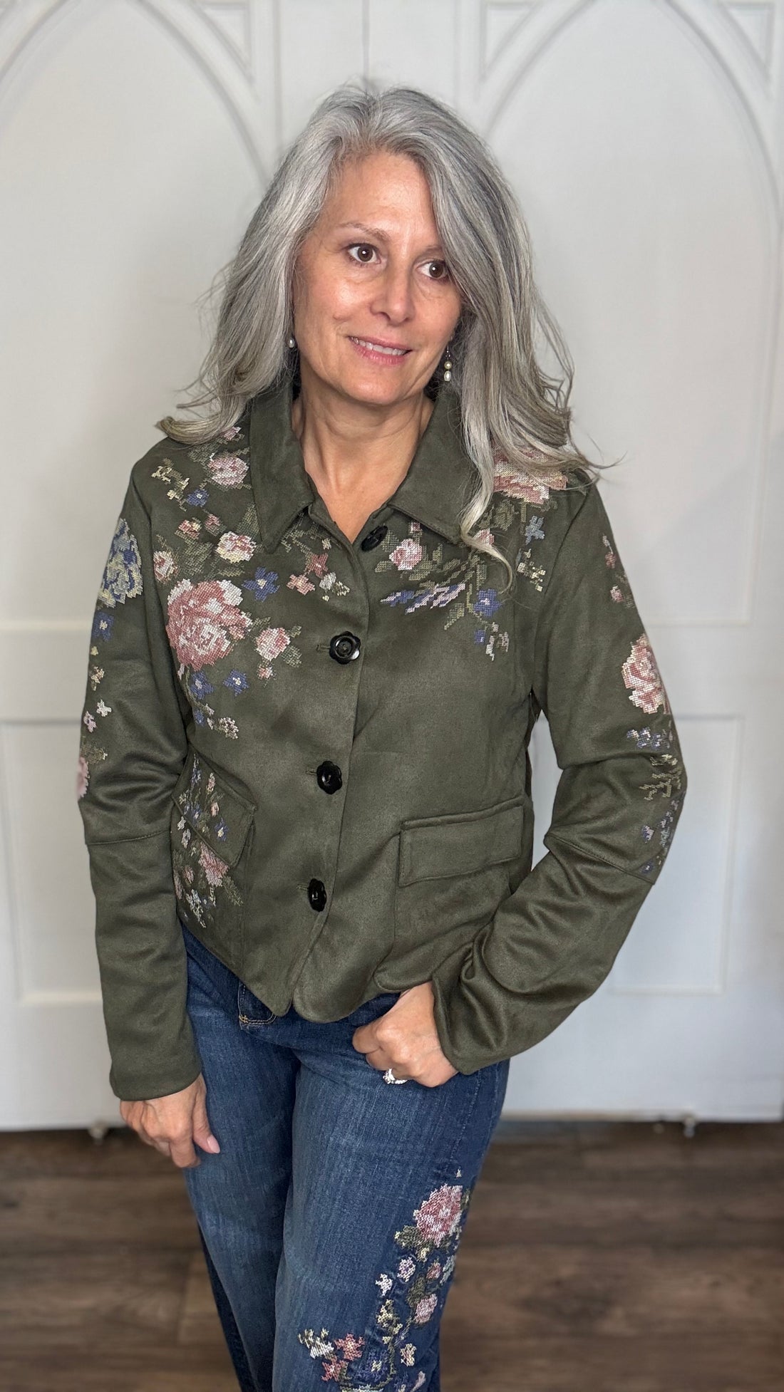 Parker Cross Stitch Rose Suede Jacket