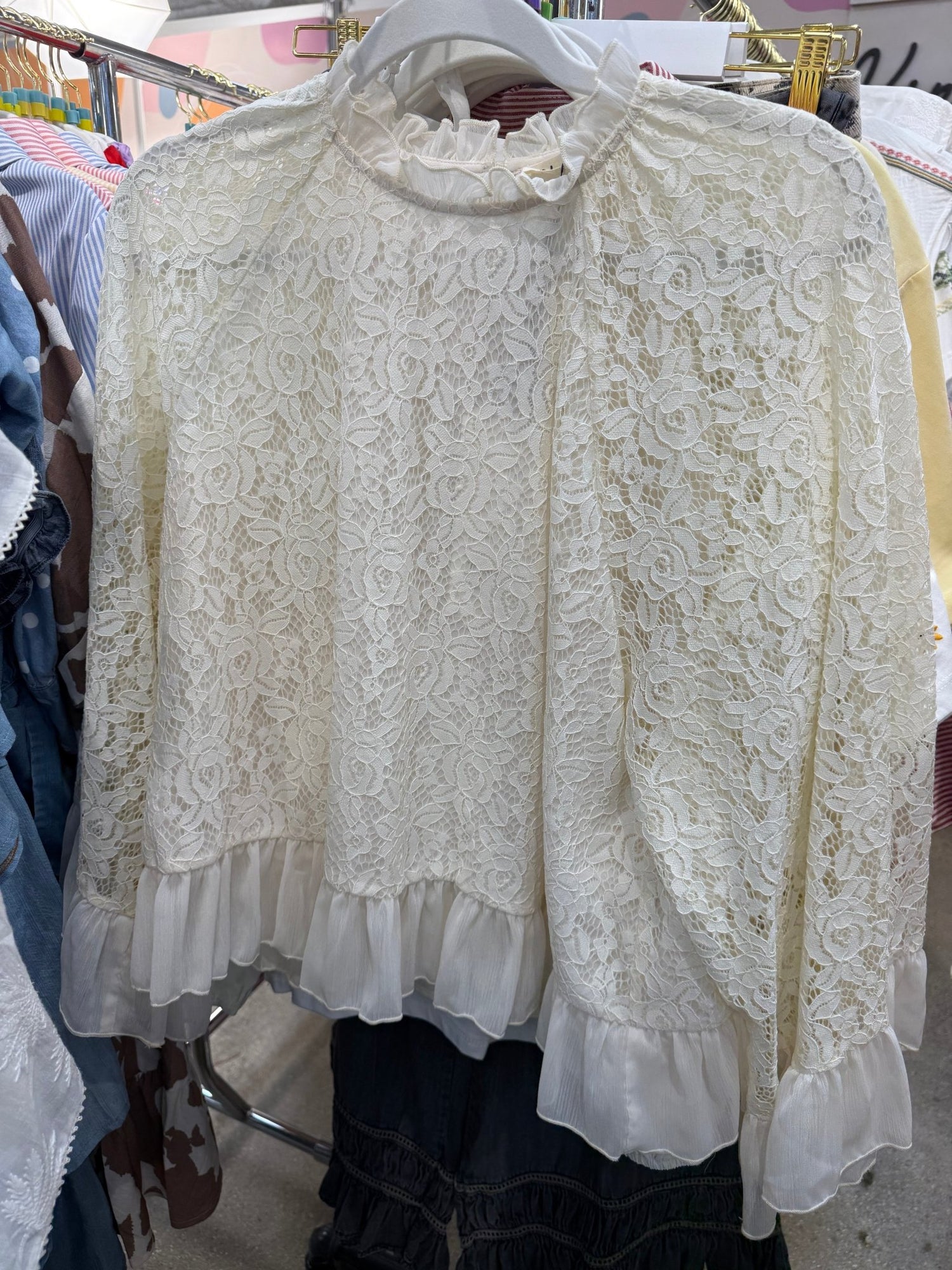 Ruffle Neck Bell Sleeve Lace Blouse - Vintage Vault Boutique