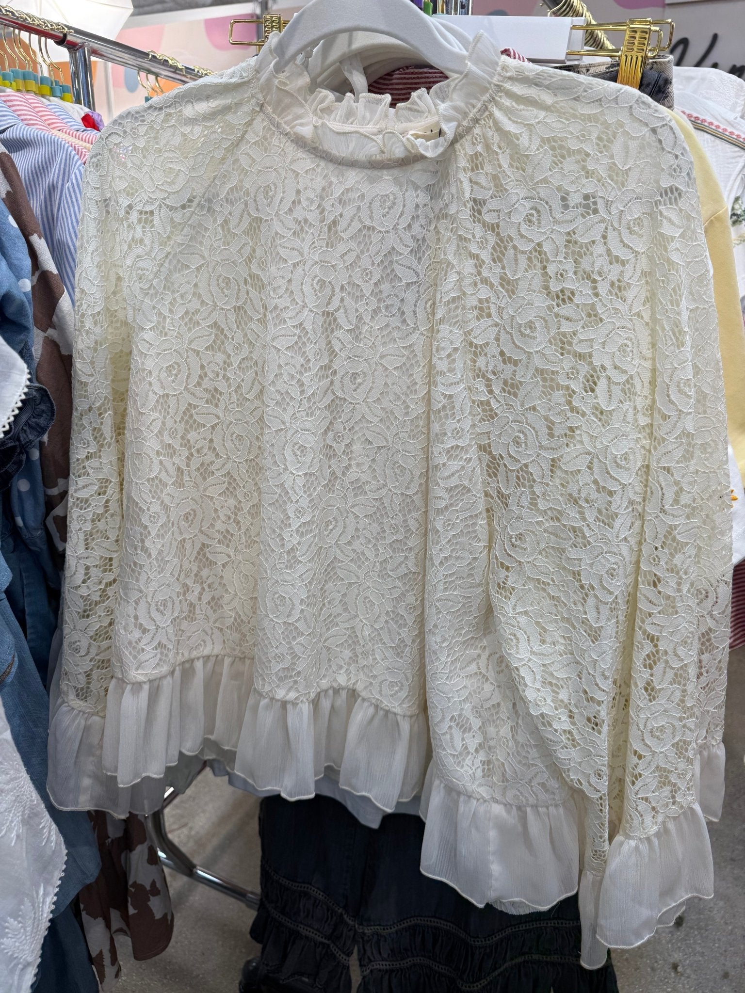 Ruffle Neck Bell Sleeve Lace Blouse - Vintage Vault Boutique