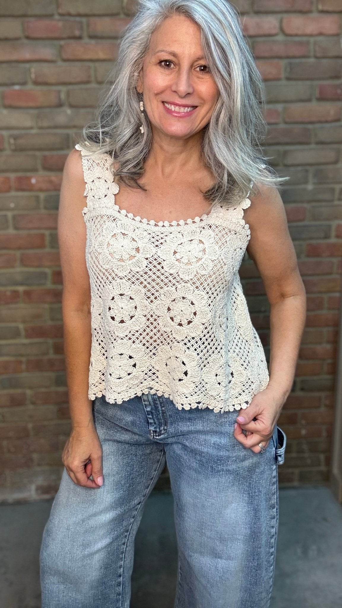 Crochet Square Neck Tank Ecru - Vintage Vault Boutique