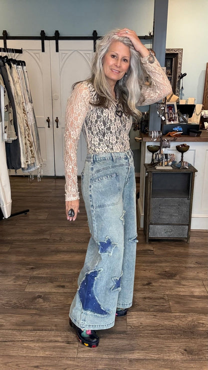 Star and Moon Wide Leg Denim Pants - Vintage Vault Boutique