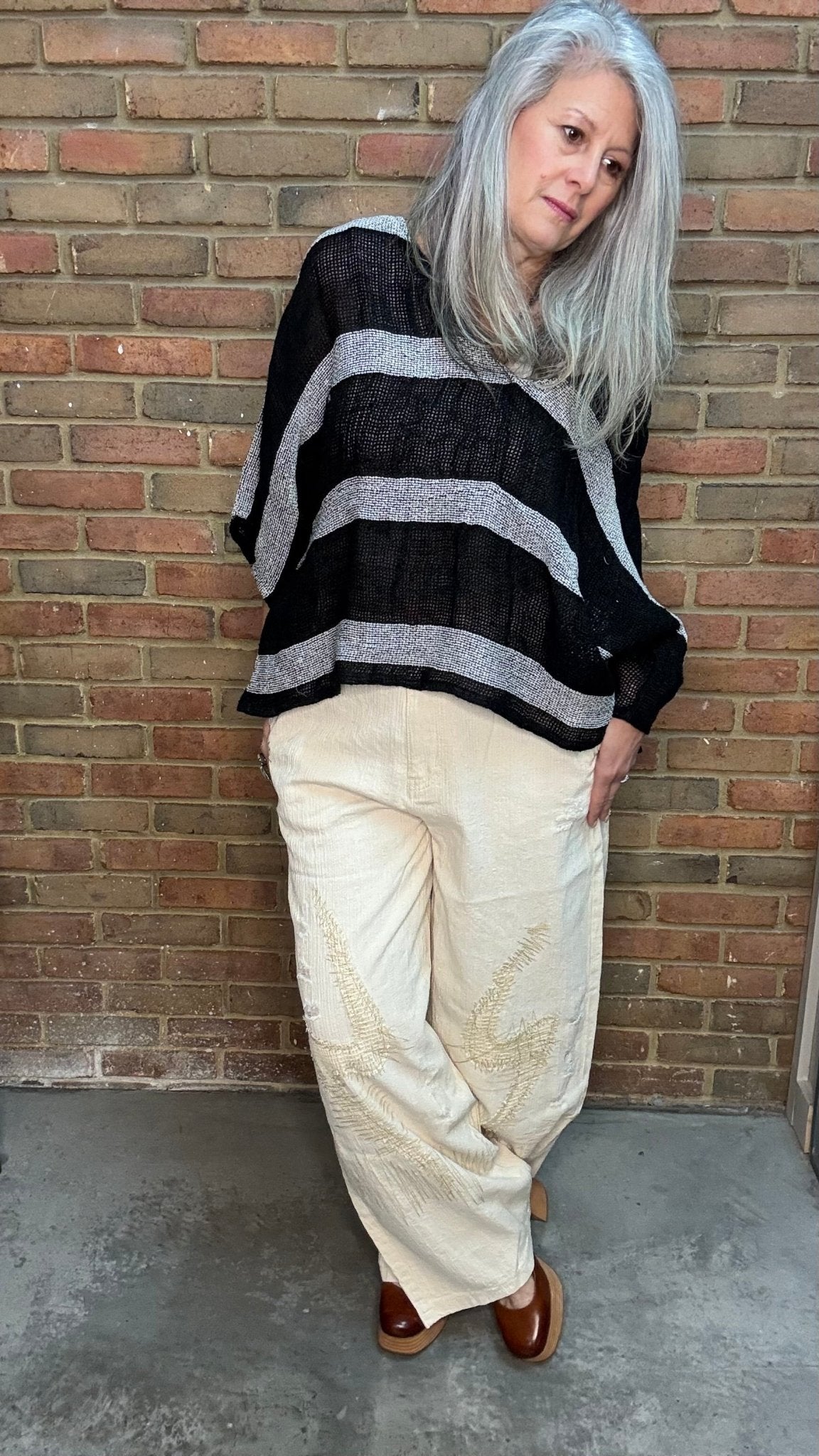 Charcoal and Black Striped Linen Topper - Vintage Vault Boutique
