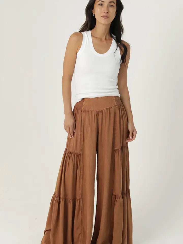 Smocked Tiered Boho Pants - OAK - Vintage Vault Boutique