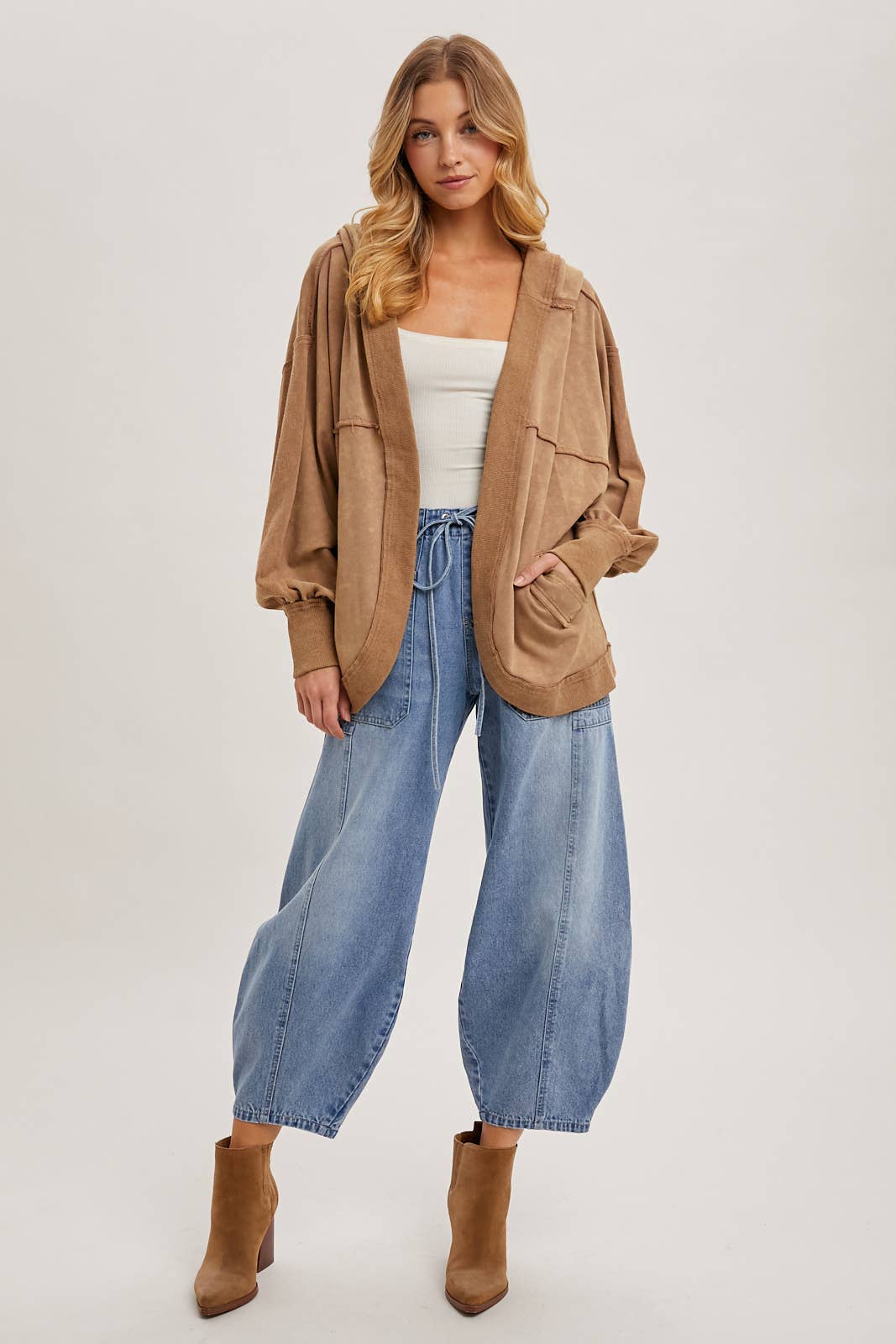 Denim Mid-Rise Drawstring Barrel Jeans