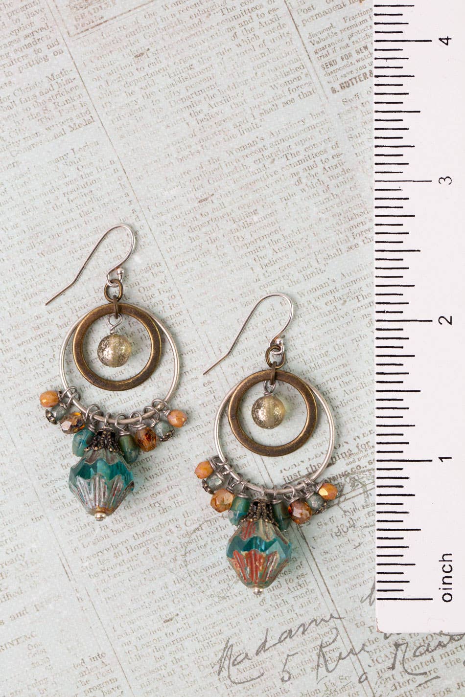 Wisdom Within Turquoise Blue Czech Glass Flower With Antique Gold Etching Cluster Earrings E018 - 2 - Vintage Vault Boutique
