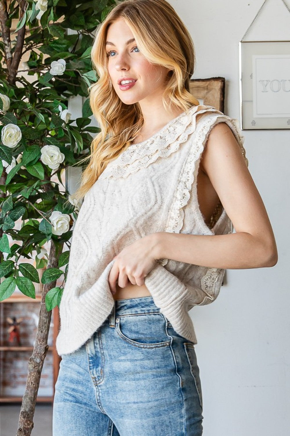 Cable Knit Sweater Vest with Lace 