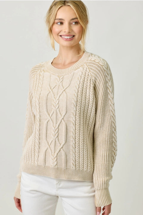 Washed Cable Knit Sweater - Almond