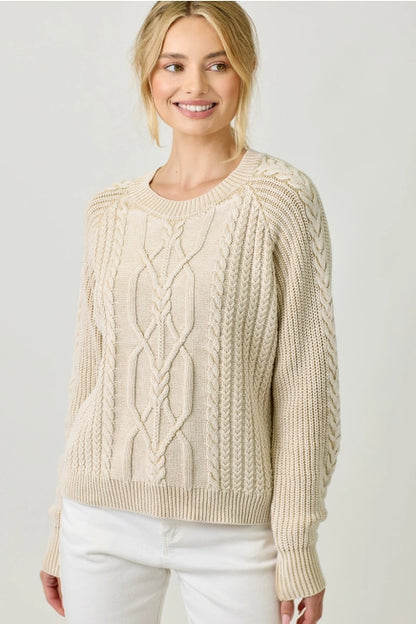 Washed Cable Knit Sweater - Almond