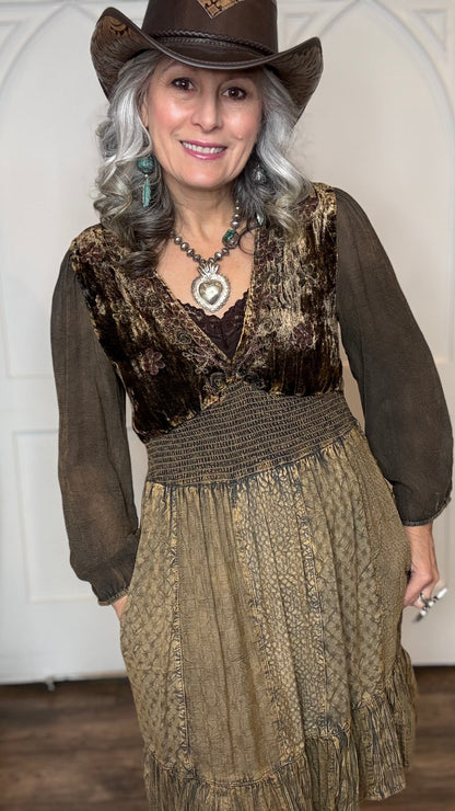 Woman in Amber Smocked Patchwork Babydoll dress and Lane&