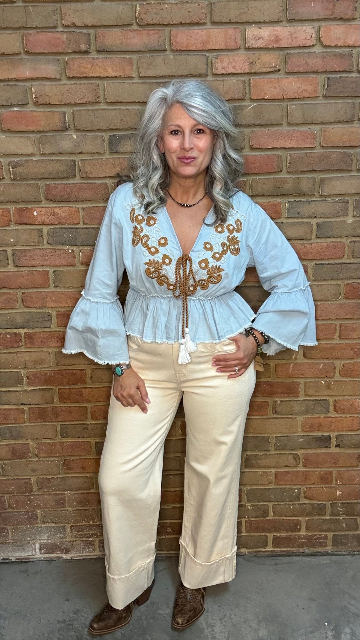 Denim Gold Embroidery Beaded Crop Top - Vintage Vault Boutique