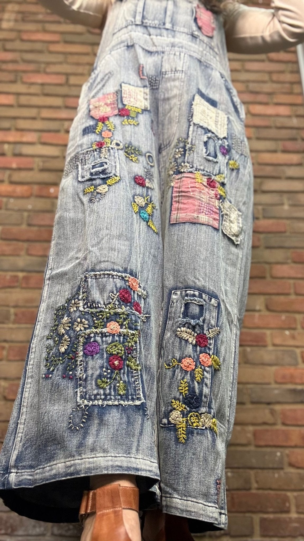 Embroidered Patchwork Denim Overalls - Vintage Vault Boutique