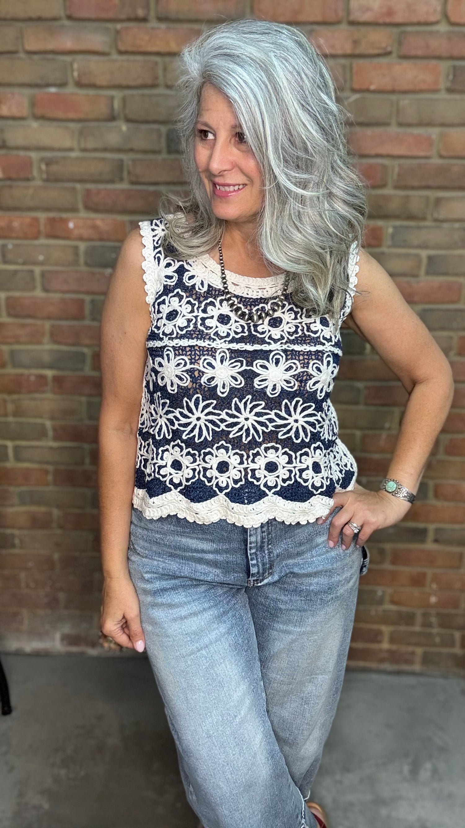 Natural/Denim Crochet Tank