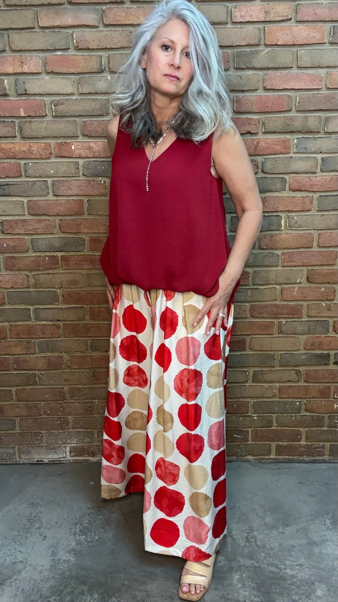 Red Mix Dot Wide Leg Pant - Vintage Vault Boutique