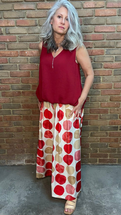 Red Mix Dot Wide Leg Pant - Vintage Vault Boutique