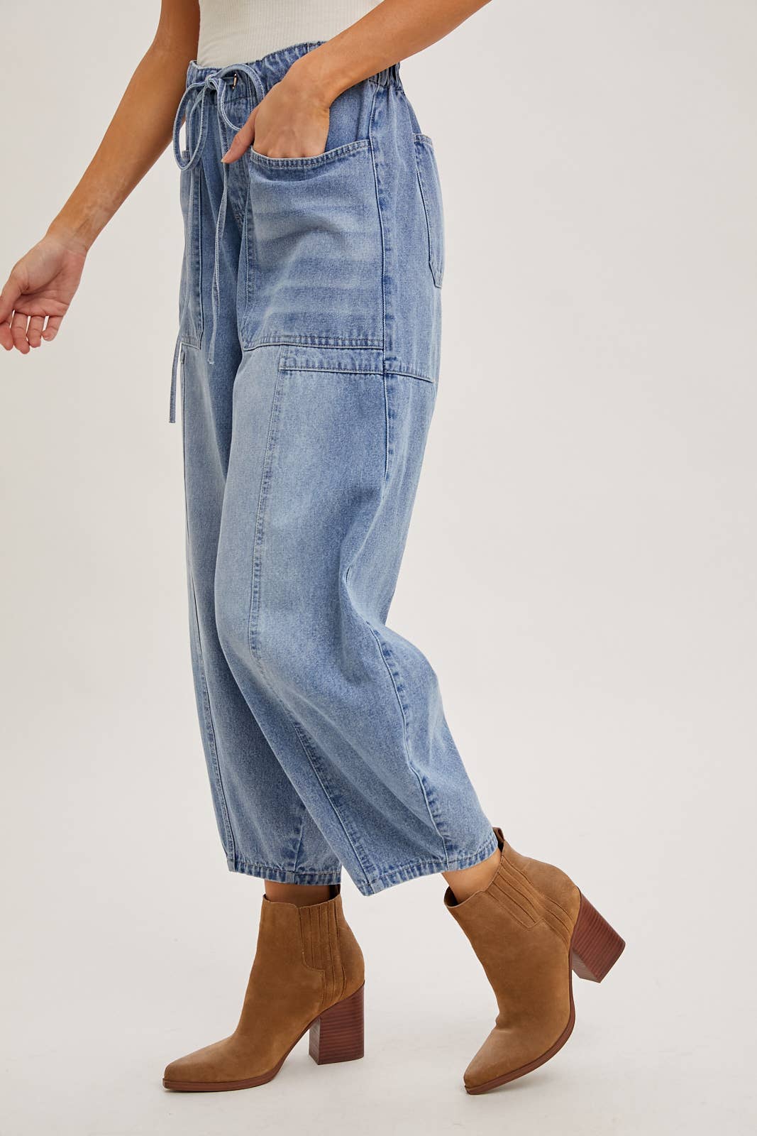 Denim Mid-Rise Drawstring Barrel Jeans