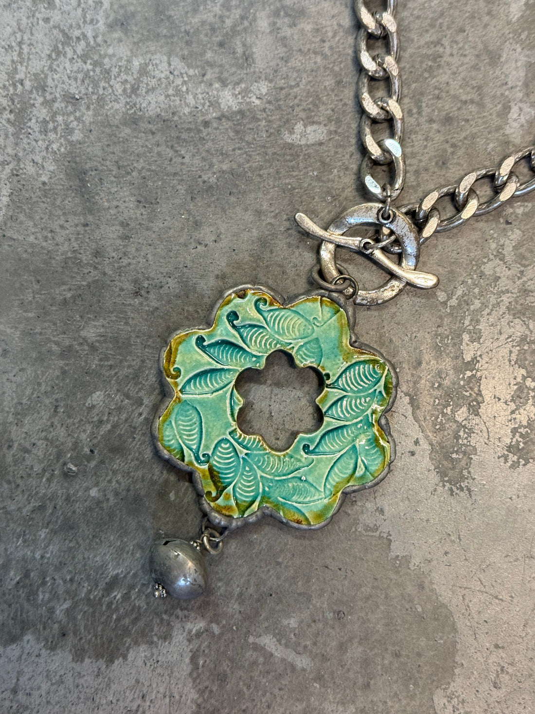 Teal Embossed Flower Necklace
