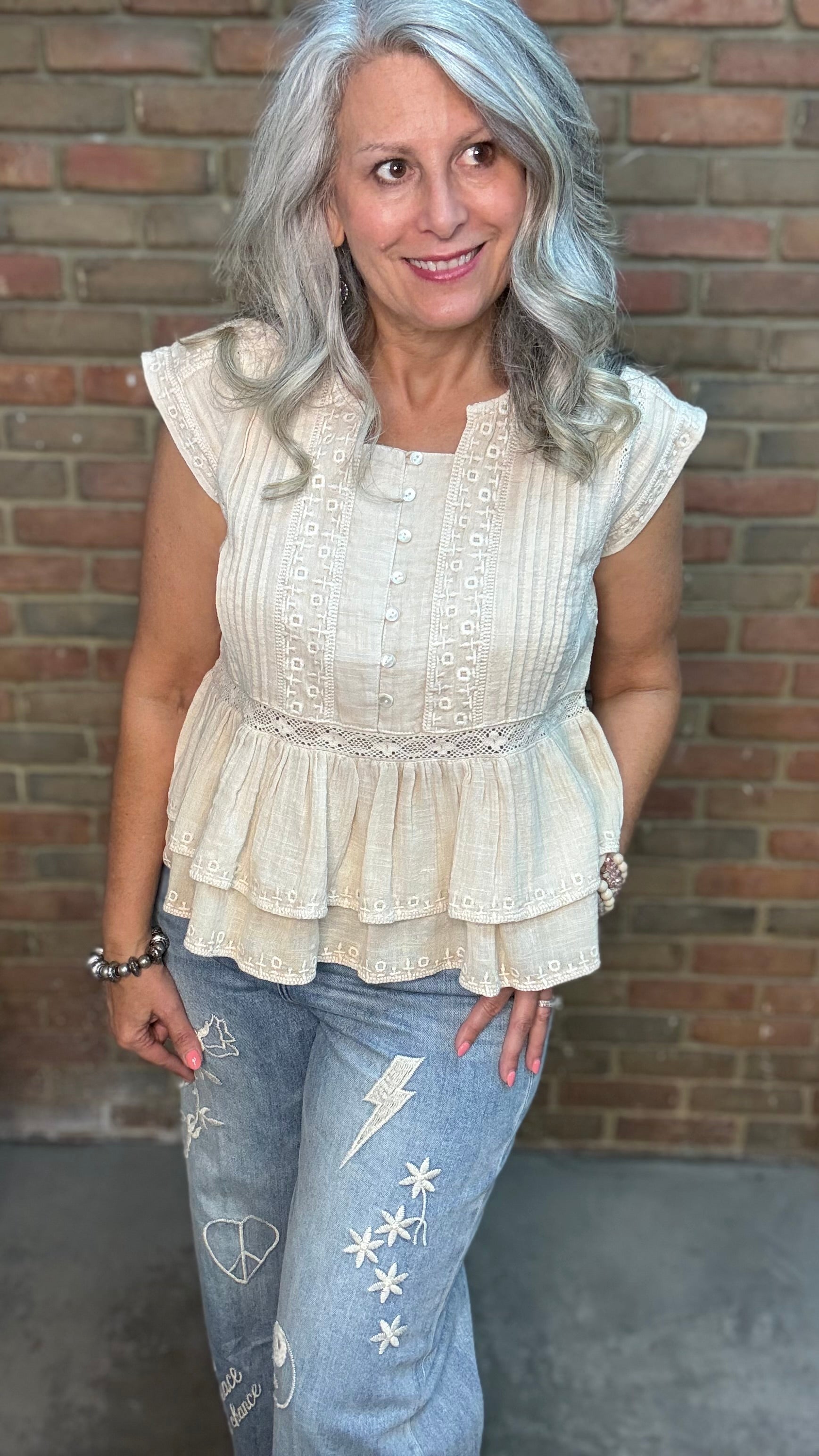 Tan Pleated Eyelet Top
