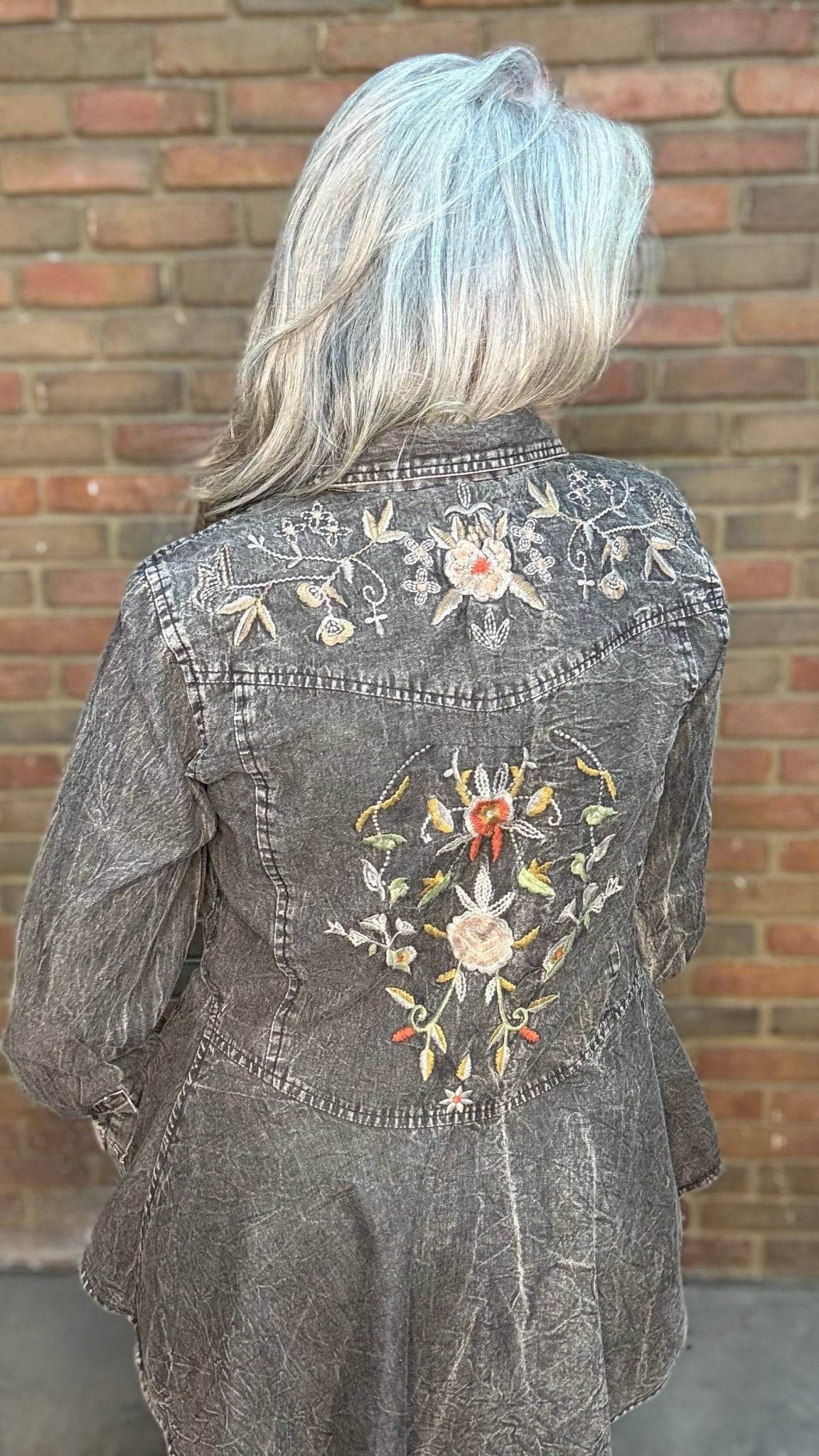 Black Denim Button-Up Embroidery Shirt - Vintage Vault Boutique