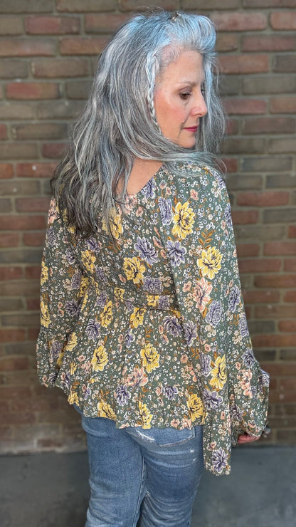 Long Flare Sleeve Flowy Top - Olive