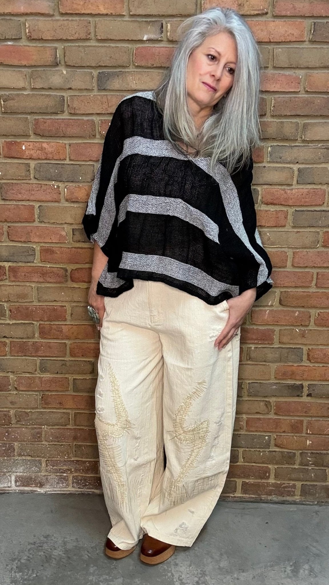 Natural Wide Fit Stitched Pants - Vintage Vault Boutique