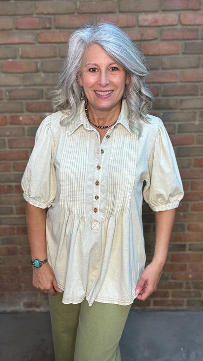 Khaki Linen Henley Top - Vintage Vault Boutique