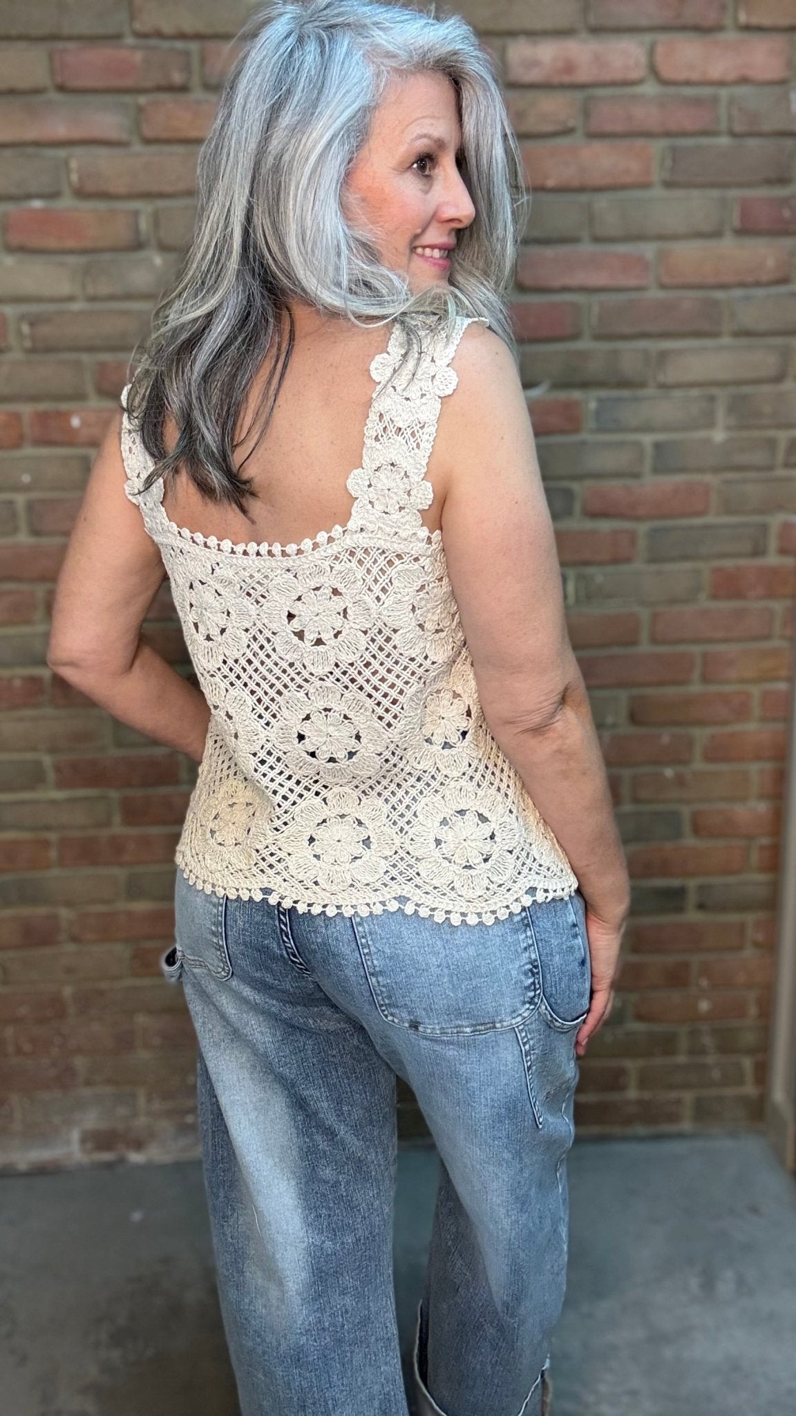 Crochet Square Neck Tank Ecru - Vintage Vault Boutique
