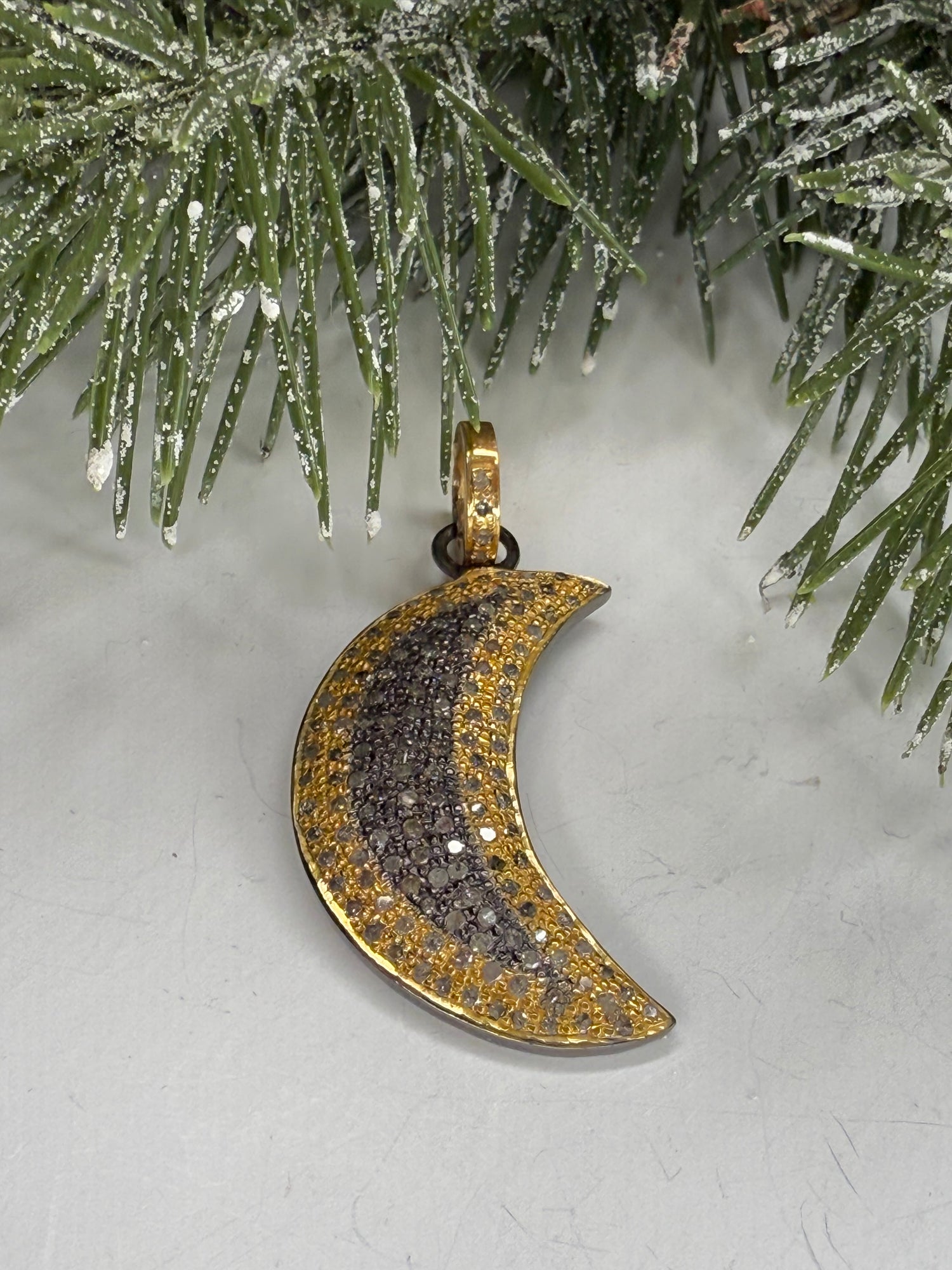 Mix Metal Pave Diamond Moon Pendant