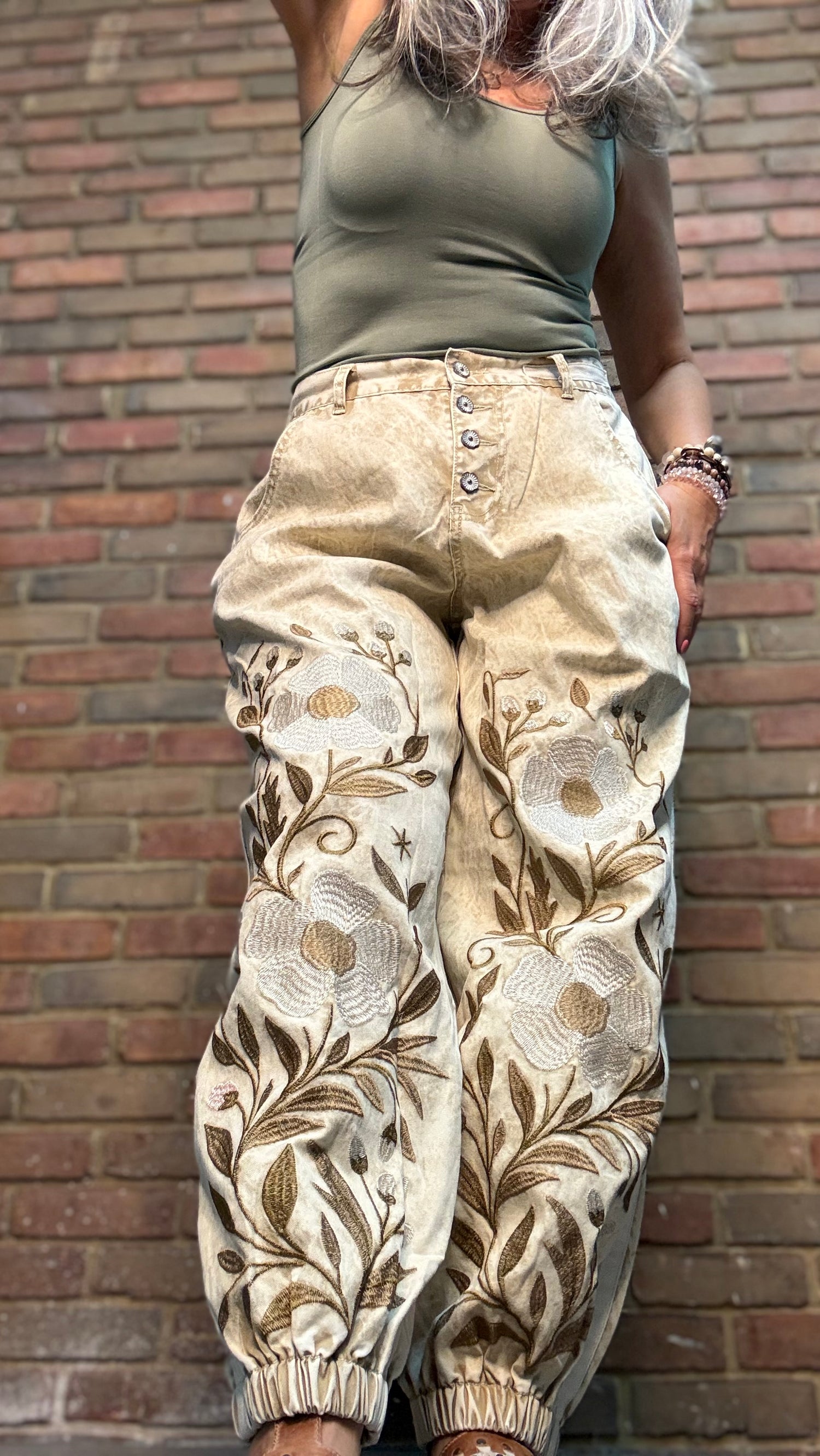 Sand Floral Embroidered Jogger Pants