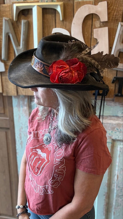 Red Rose Black Cowboy Hat by A Rare Bird - Vintage Vault Boutique