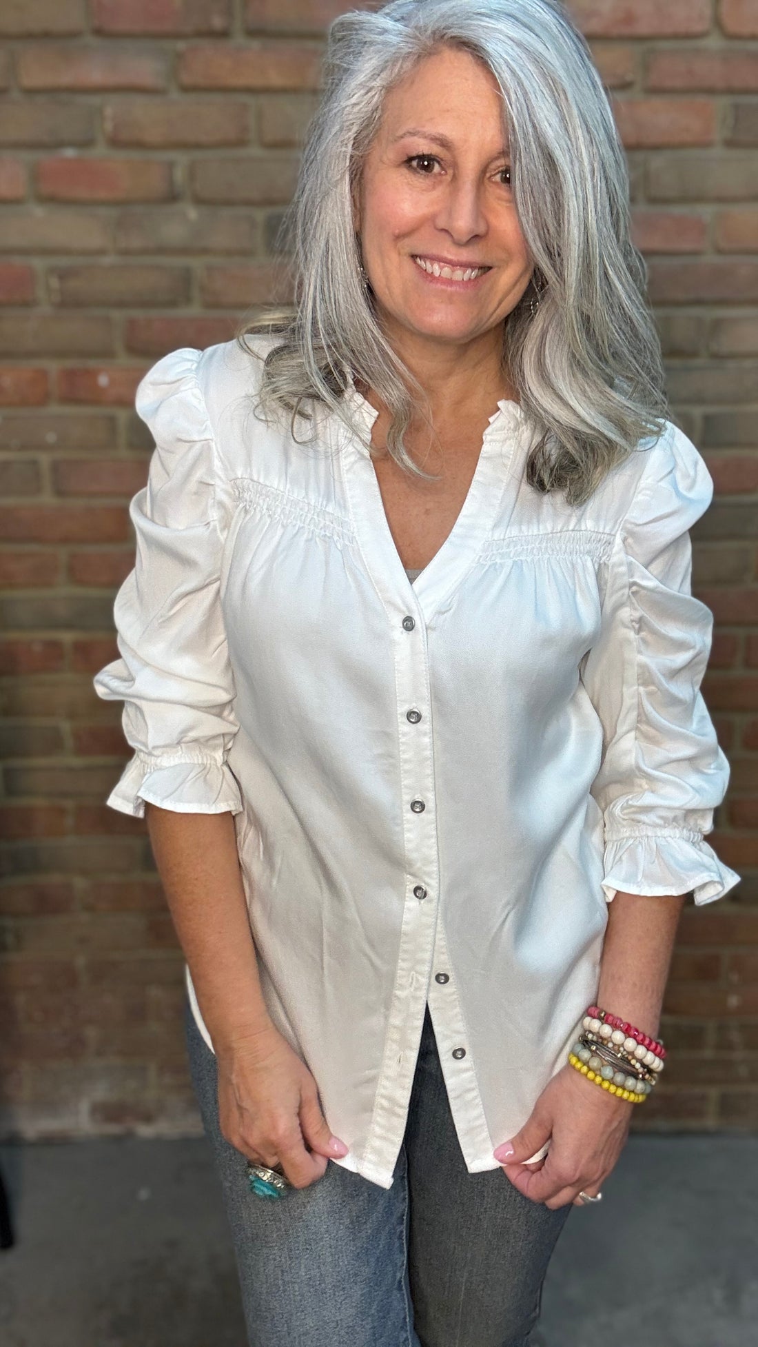 Button Front V-Neck Blouse
