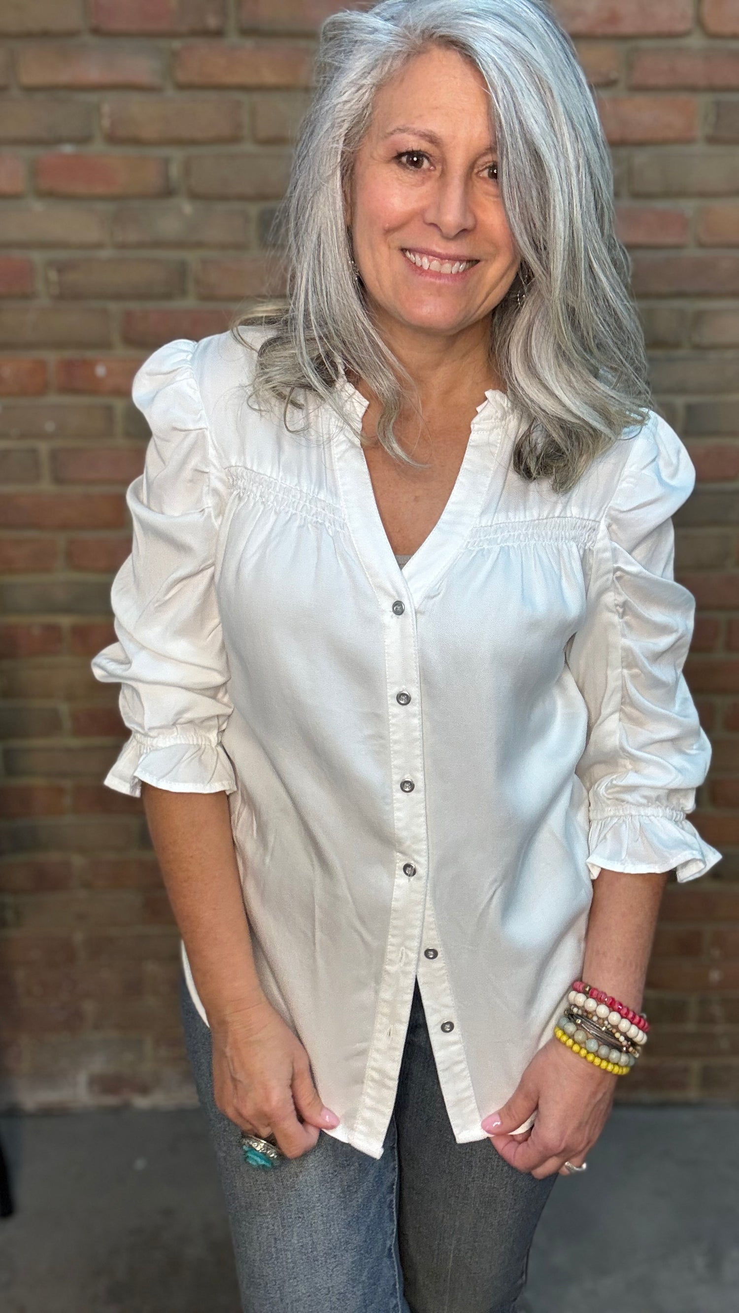 Button Front V-Neck Blouse