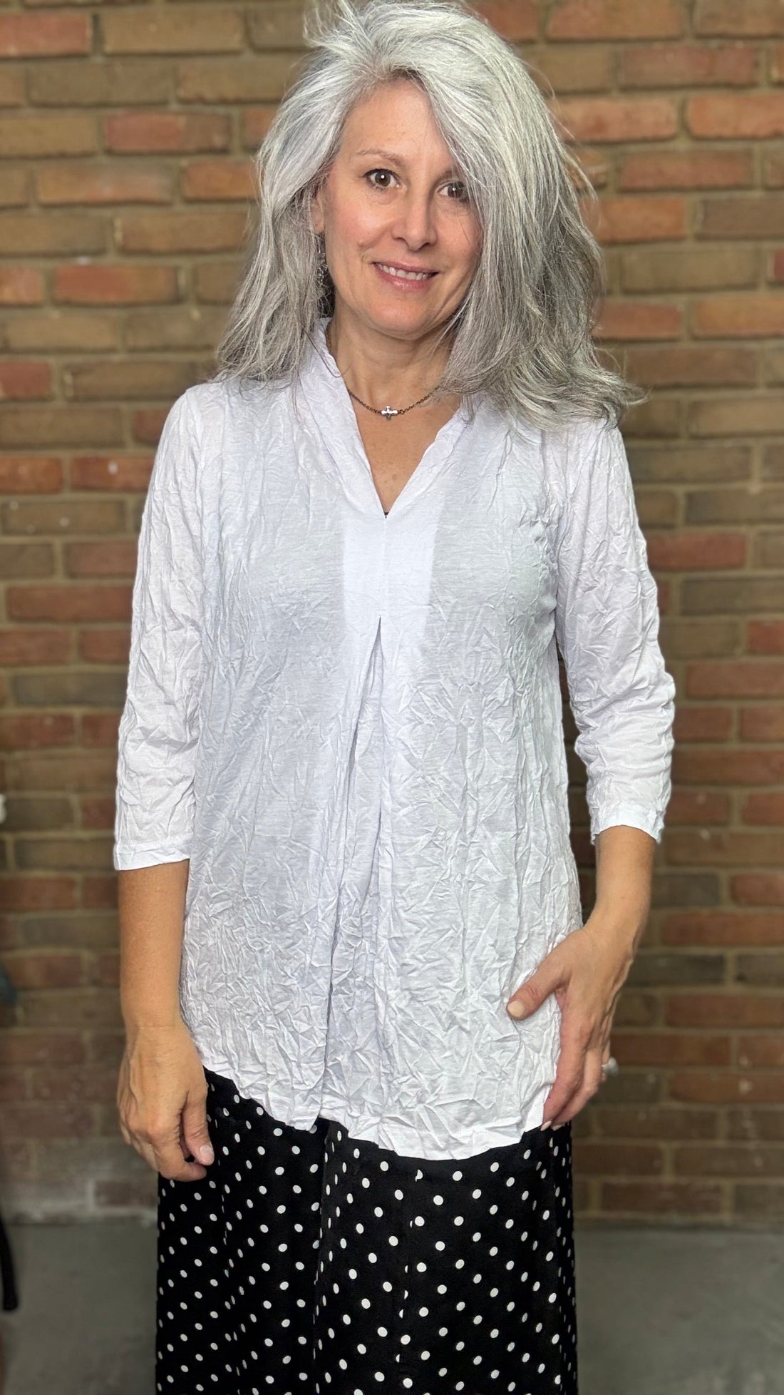 Crinkle V-Neck Top White