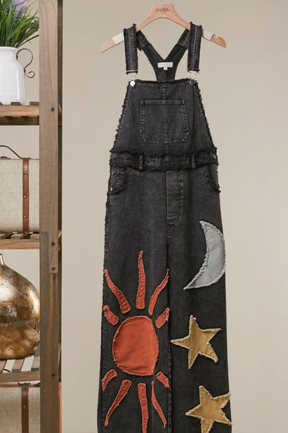Sun Moon Star Patch Wide Overalls