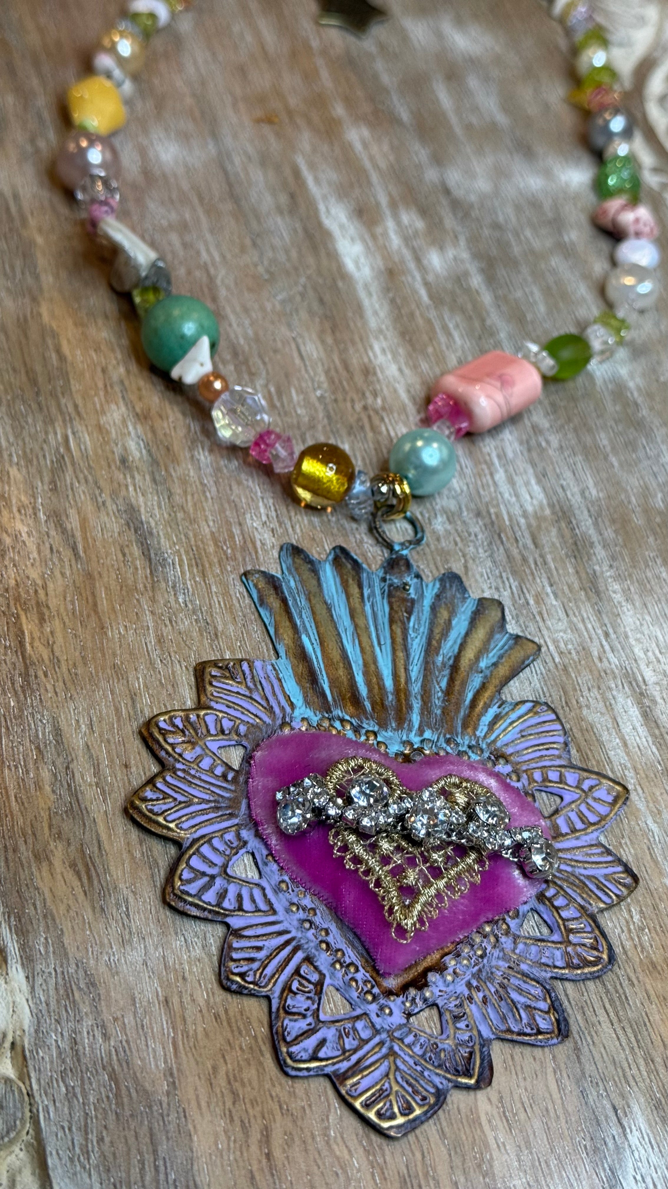 Velvet Pink Flaming Heart Necklace