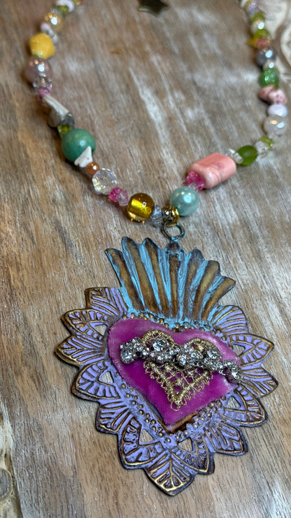 Velvet Pink Flaming Heart Necklace