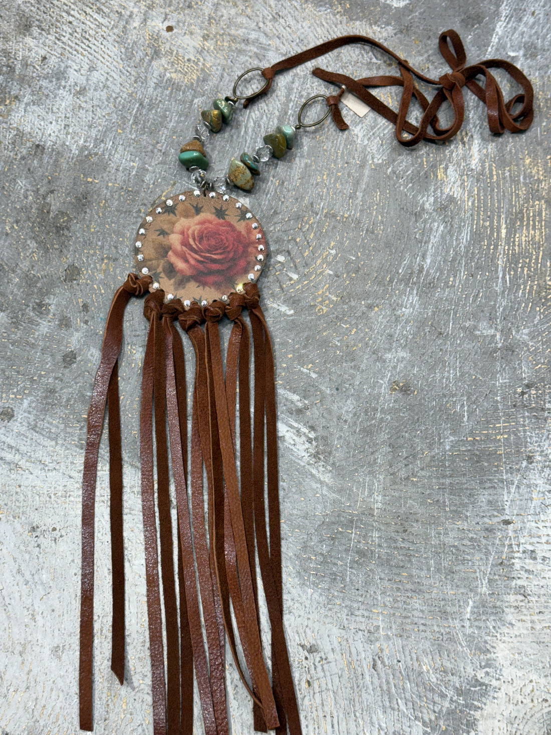 Painted Rose on Leather Necklace