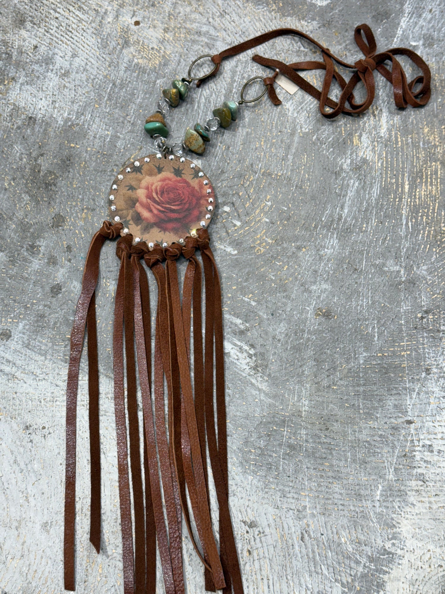 Painted Rose on Leather Necklace