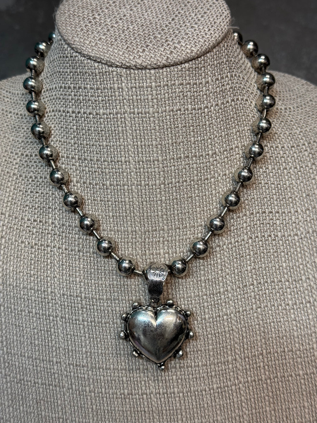 Silver Puff Heart on Large Ball Chain