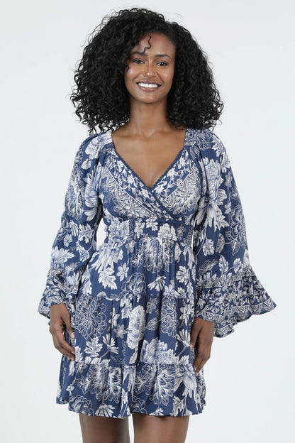 Wide Sleeve V Neck Smocked Dress
