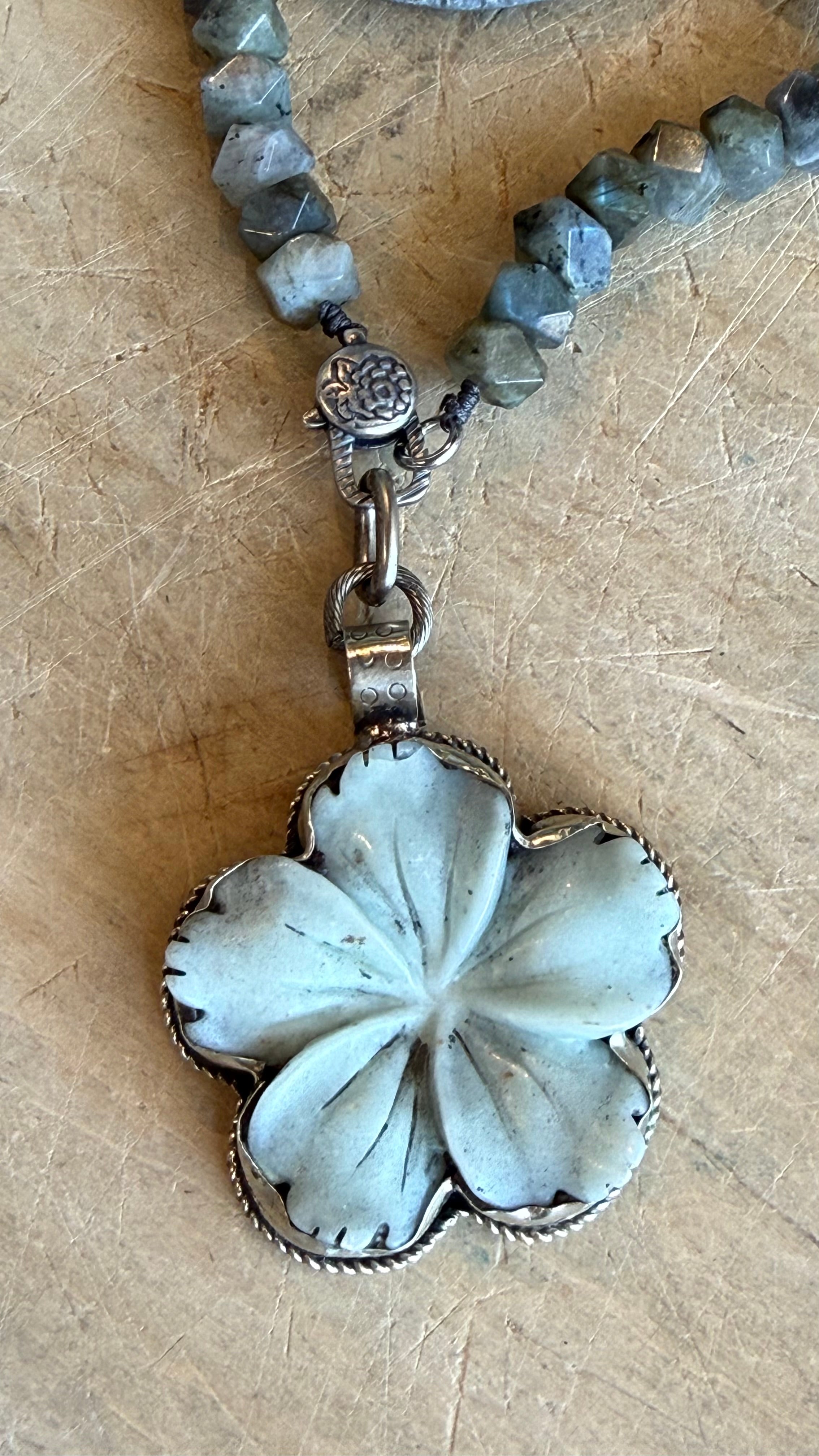 Amazonite Flower on Labradorite Beaded Charm Holder Necklace