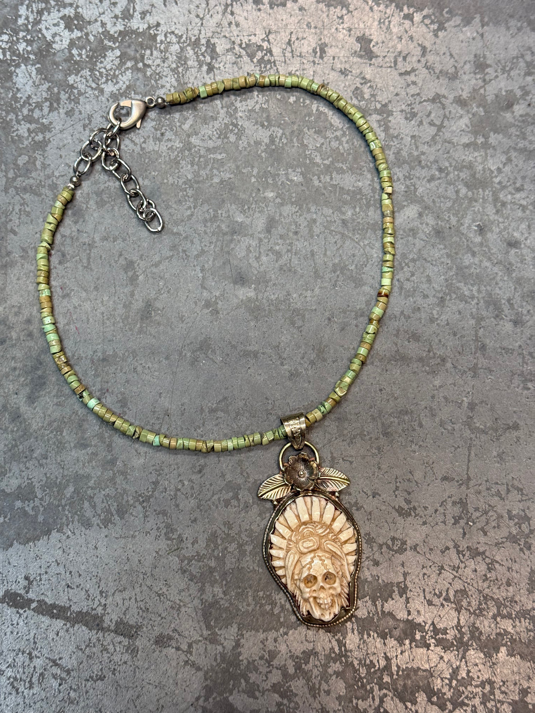 Tibetin Skull in Headdress on African Turquoise Necklace