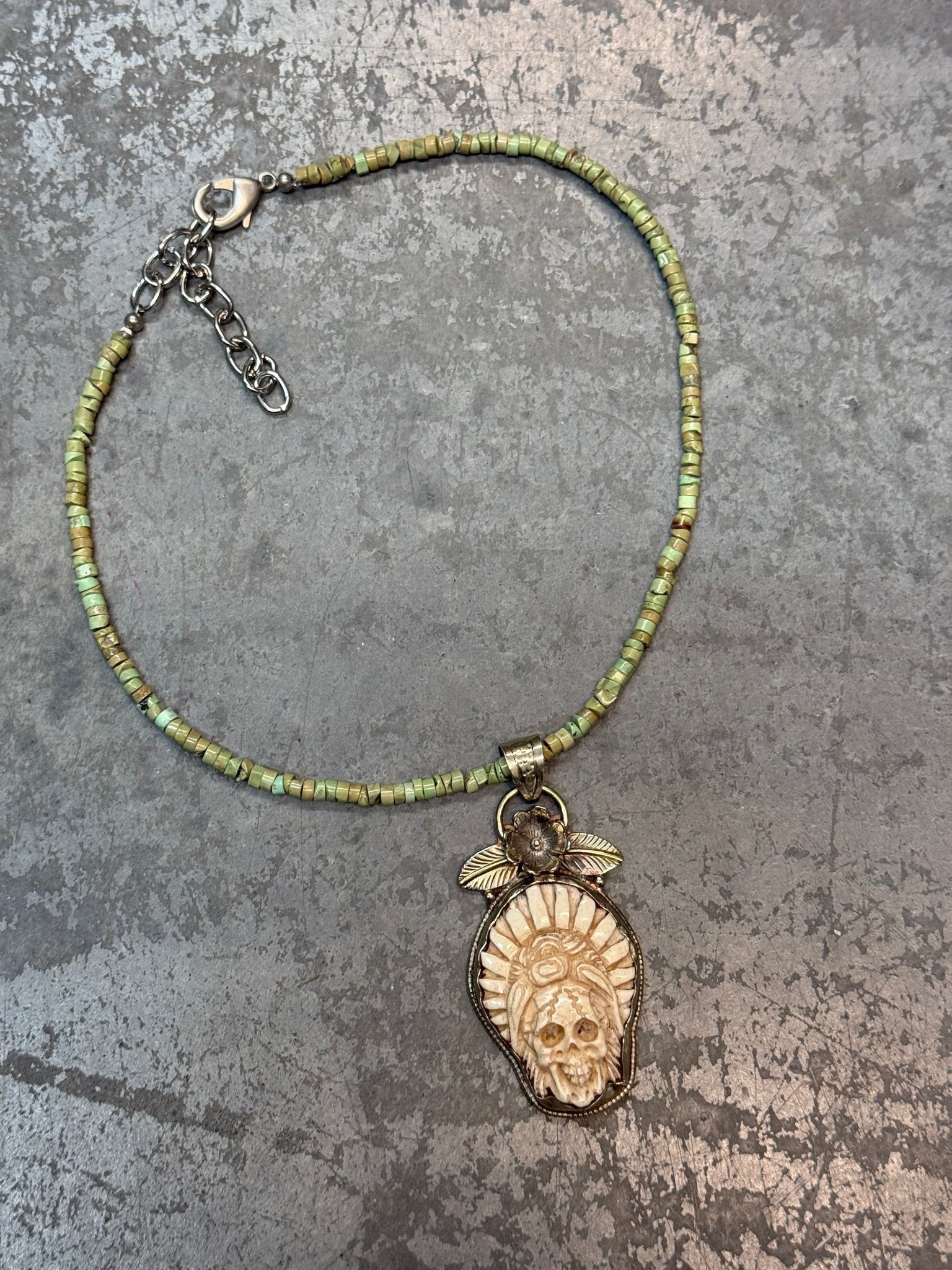 Tibetin Skull in Headdress on African Turquoise Necklace - Vintage Vault Boutique