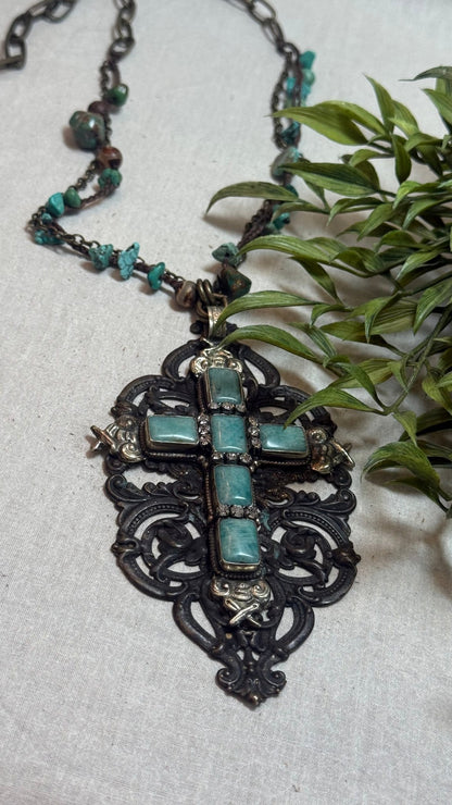 Large Stone Cross on Mixed Media Necklace - Vintage Vault Boutique