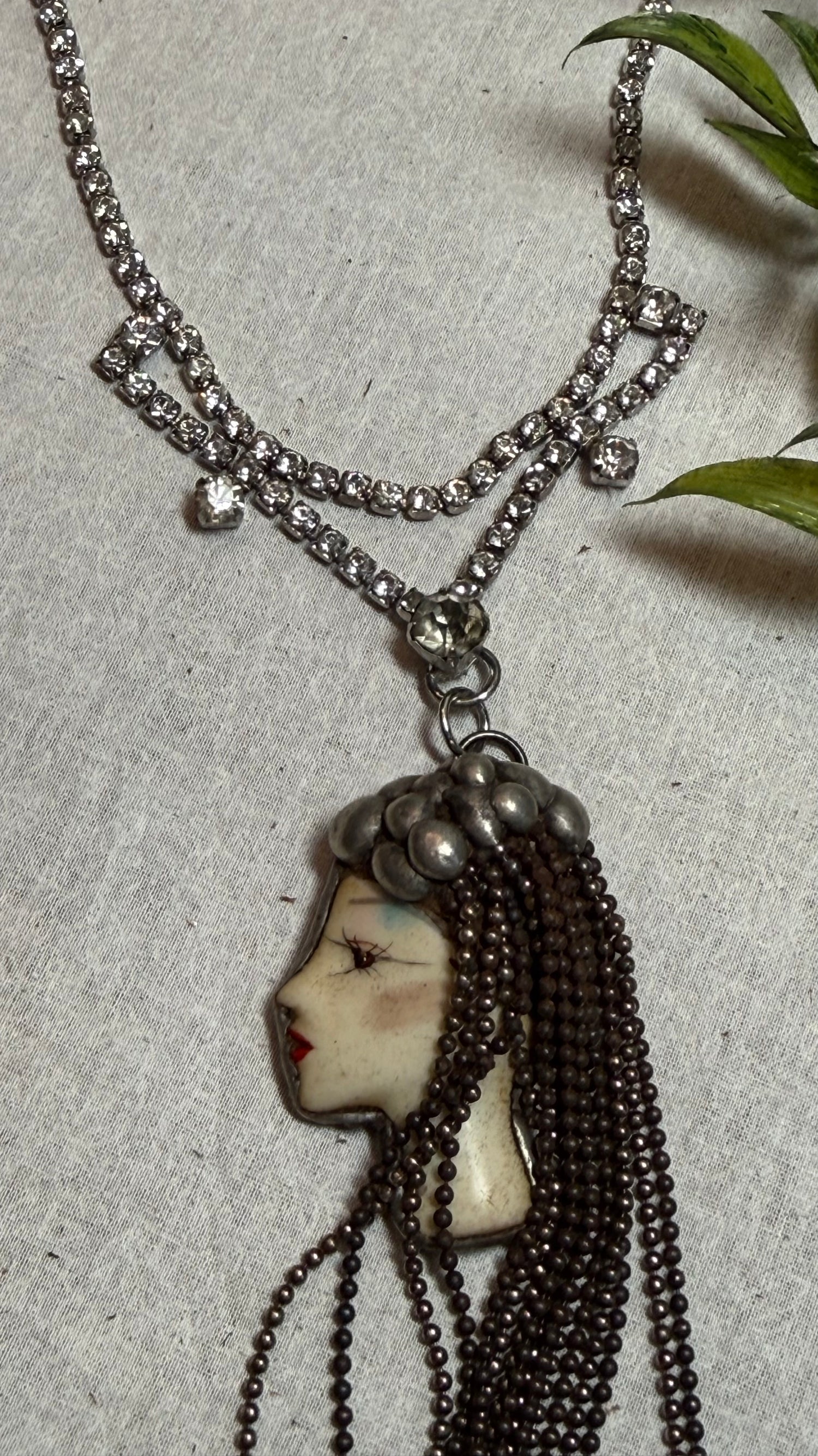 Vintage Face on Crystal Necklace