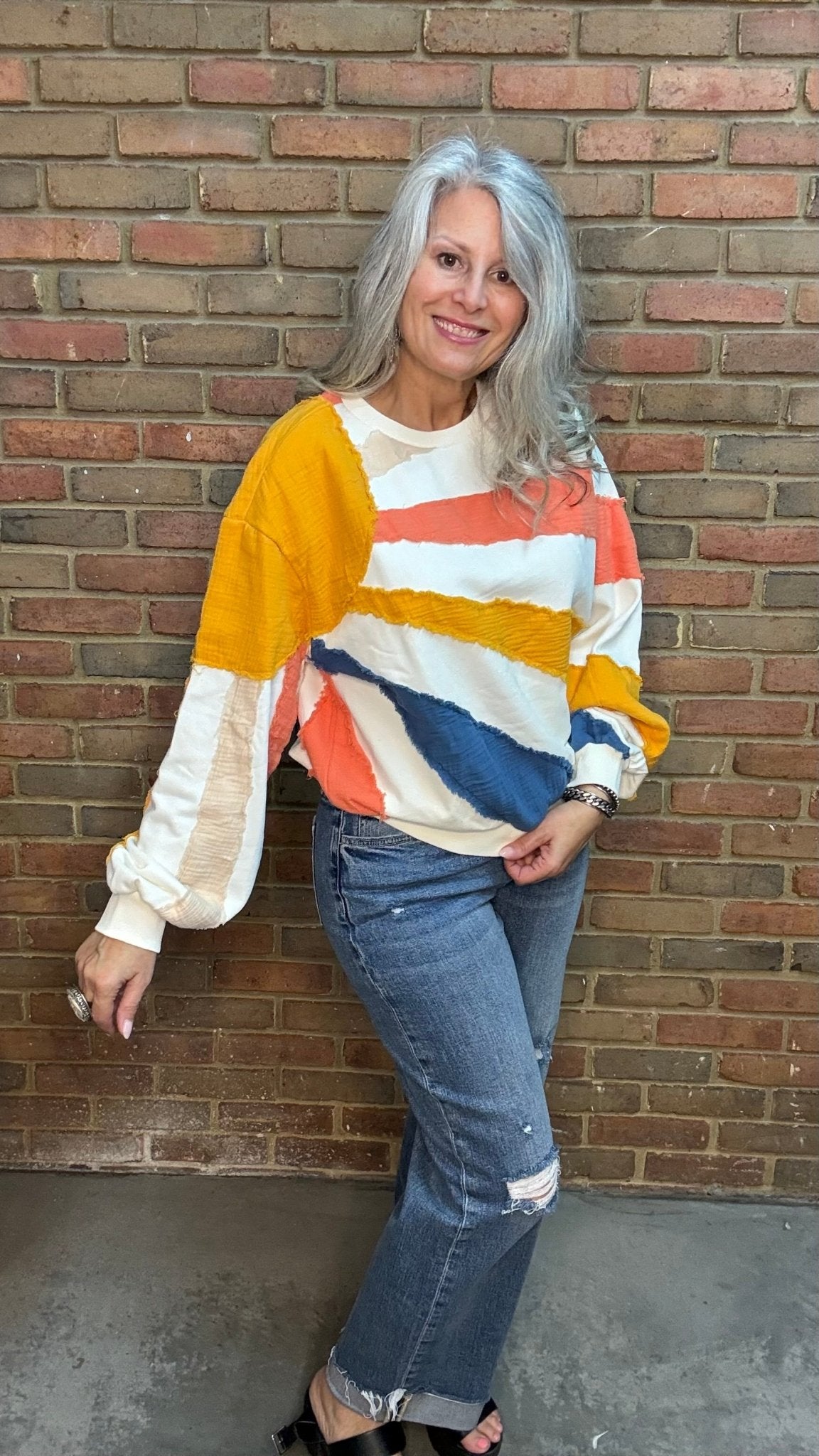 Mixed Fabric Sun Sweatshirt - Vintage Vault Boutique